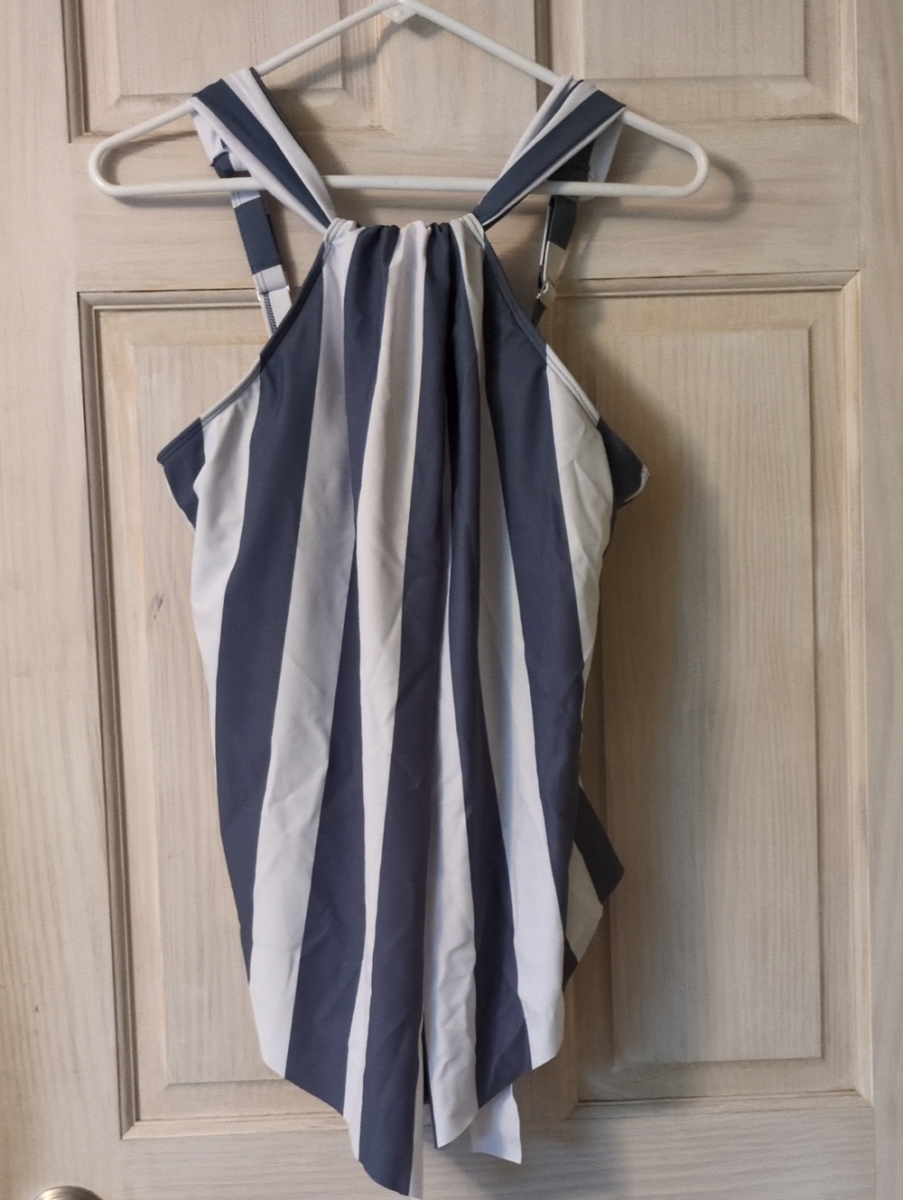 Slate Blue and White Striped Halter One-Piece Swimsuit